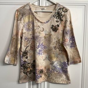 Christopher & Banks Size Large 3/4 Sleeve Knit Top Scoop Neck Cream Floral Print